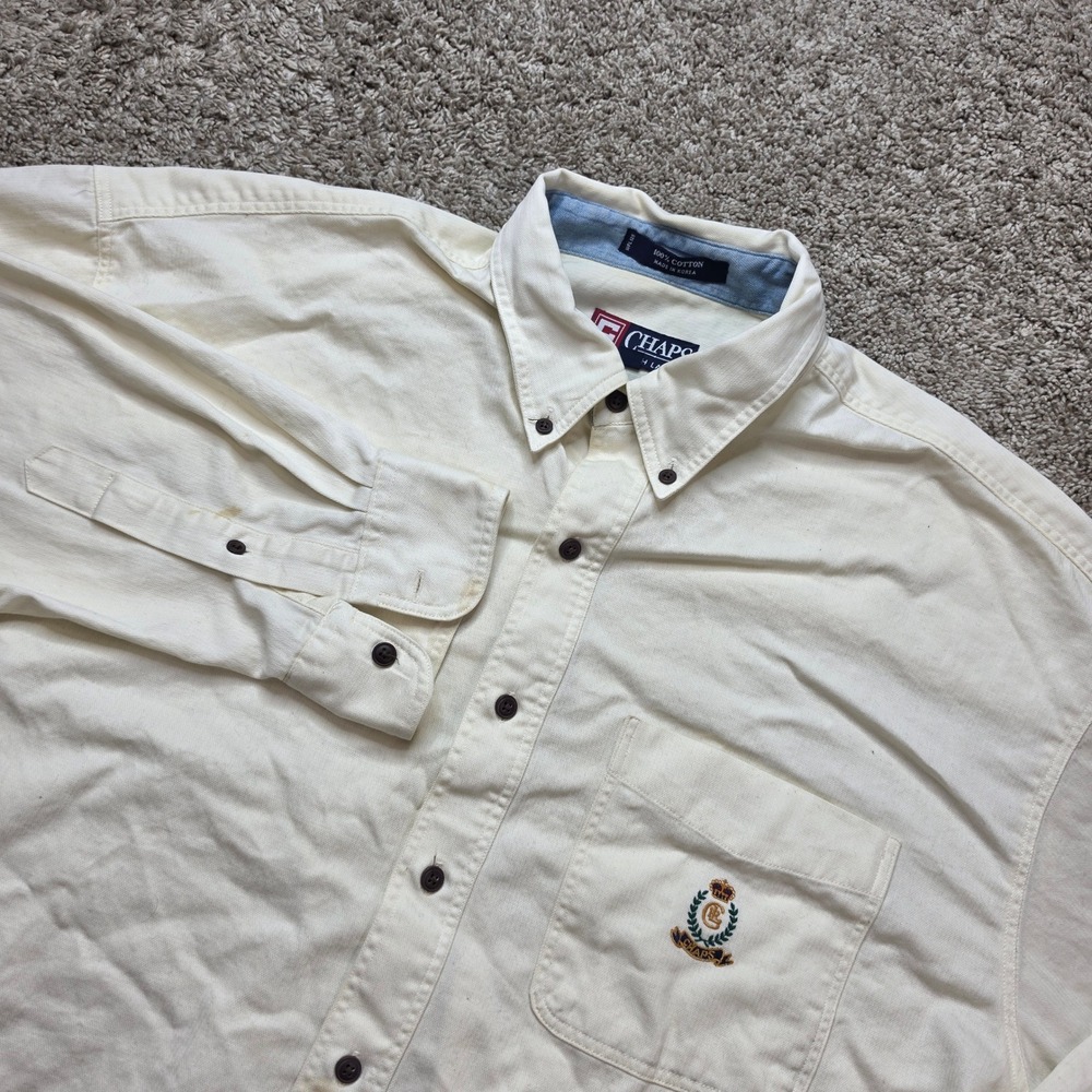 VINTAGE Chaps Ralph‎ Lauren Shirt Mens L Cream Herringbone Crest Outdoor Casual